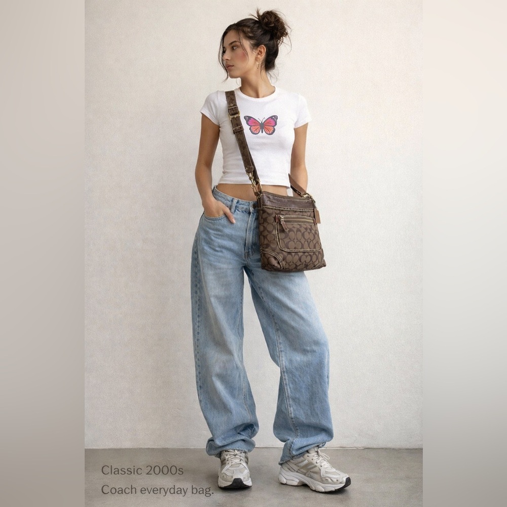 Coach Signature Brown Canvas Hobo Bag Leather Trim Y2K Vintage Crossbody Purse - Picture 14 of 14